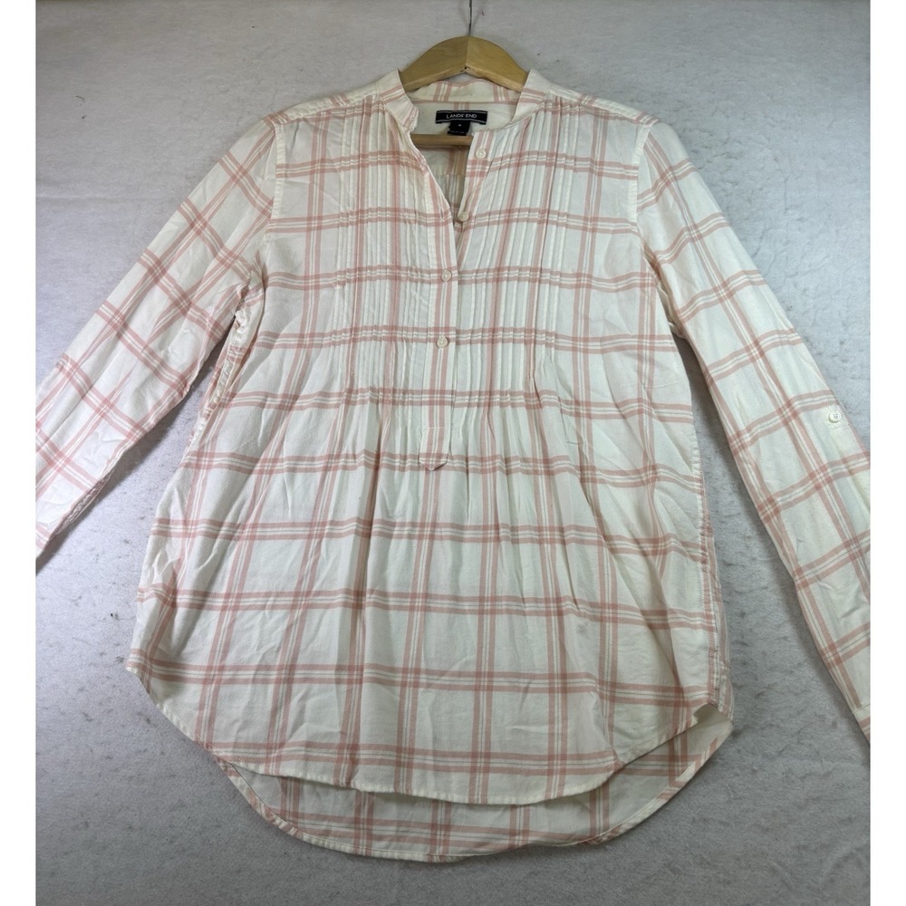 Lands End Pink Ivory Cotton Flannel Plaid Shirt Sz 6 Pintucks Roll Tab Sleeve